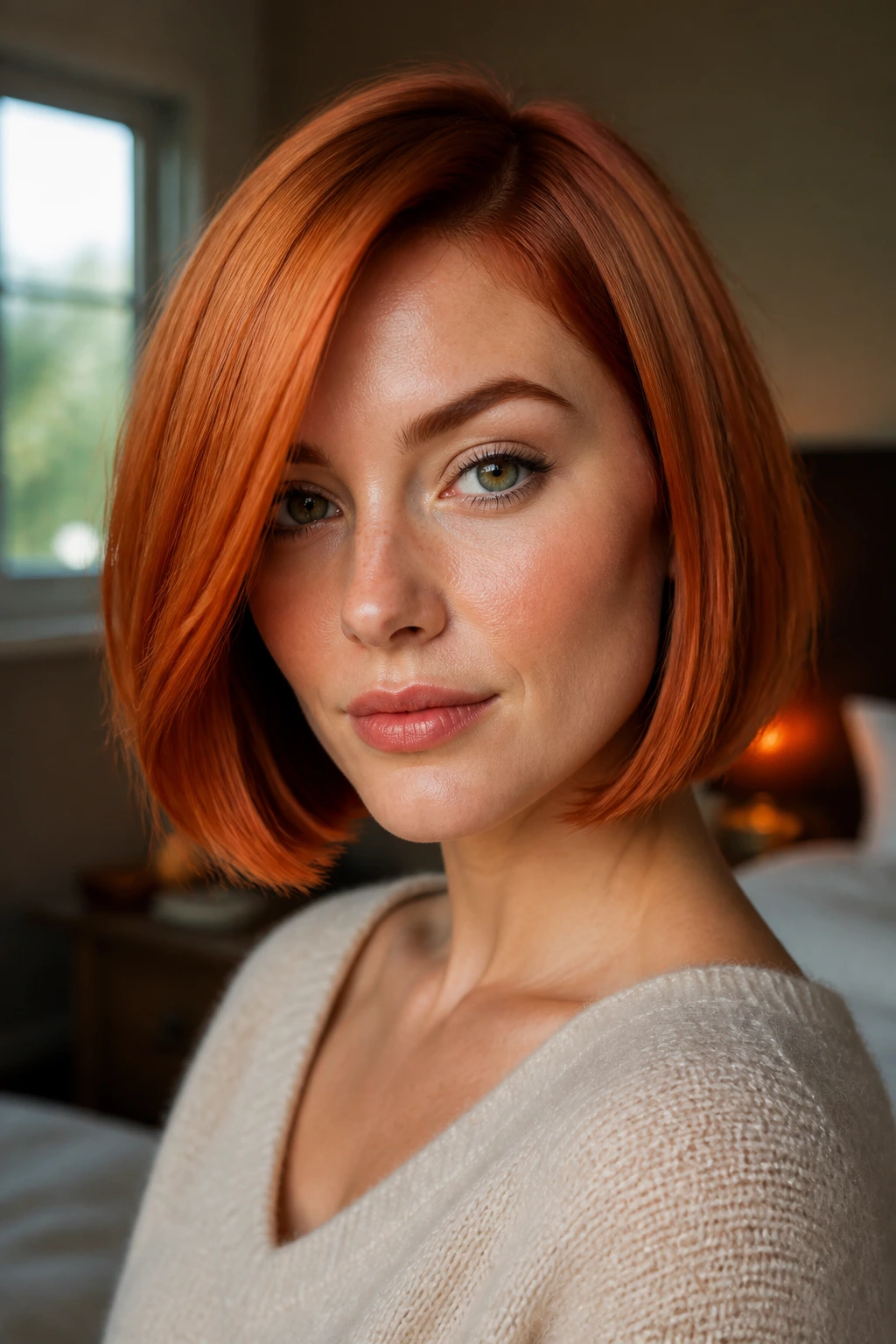 Close-up of a real person with a copper bob in warm natural light highlighting the jawline