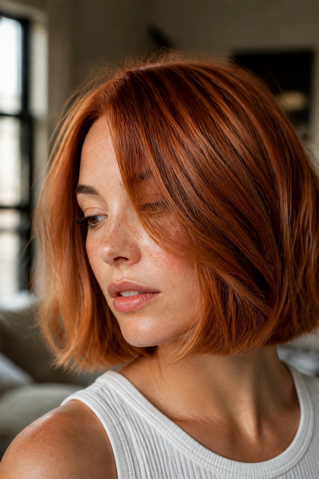 Real person with copper bob showing shine and movement in natural light