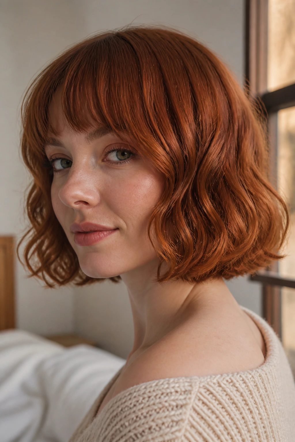 Real person with copper bob showing multiple textures in one look