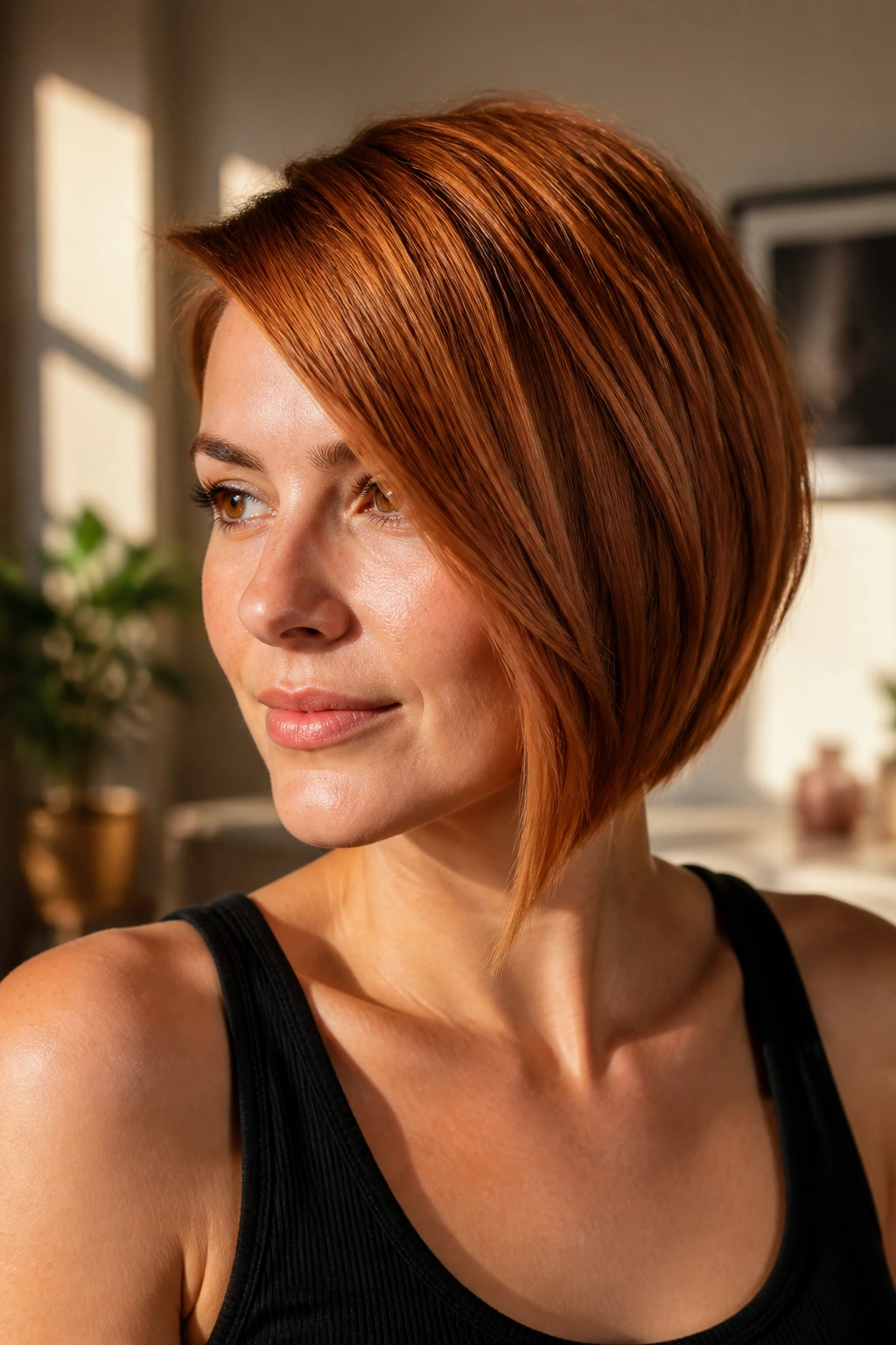 Close-up of a real woman with Copper Asymmetrical Bob With Warm Shine catching warm light