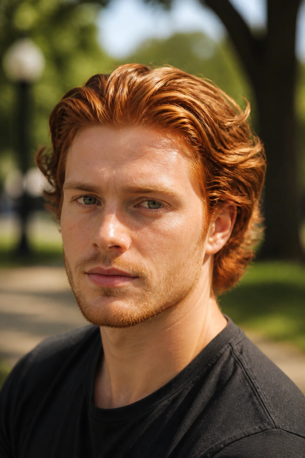 Close-up of a real man with copper-toned medium-length flowing hair
