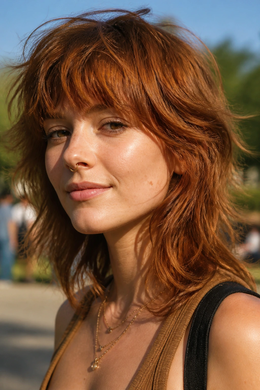 Portrait of a person with copper bronze shag hairstyle showing textured layers.