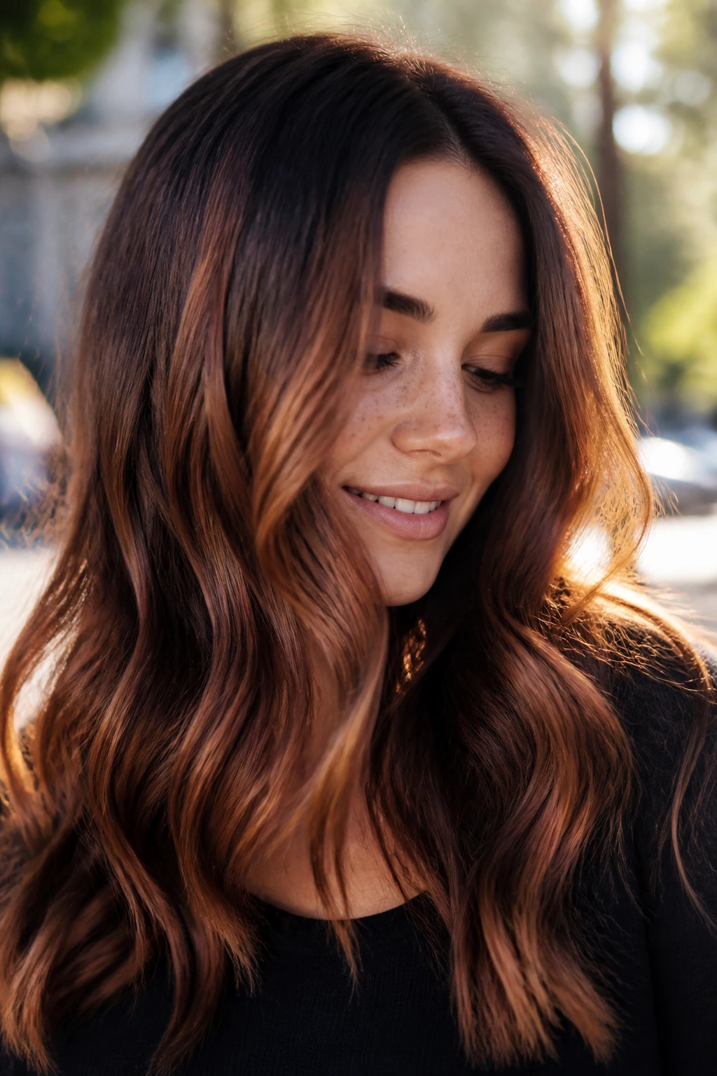 Close-up of copper-kissed brown hair catching sunlight