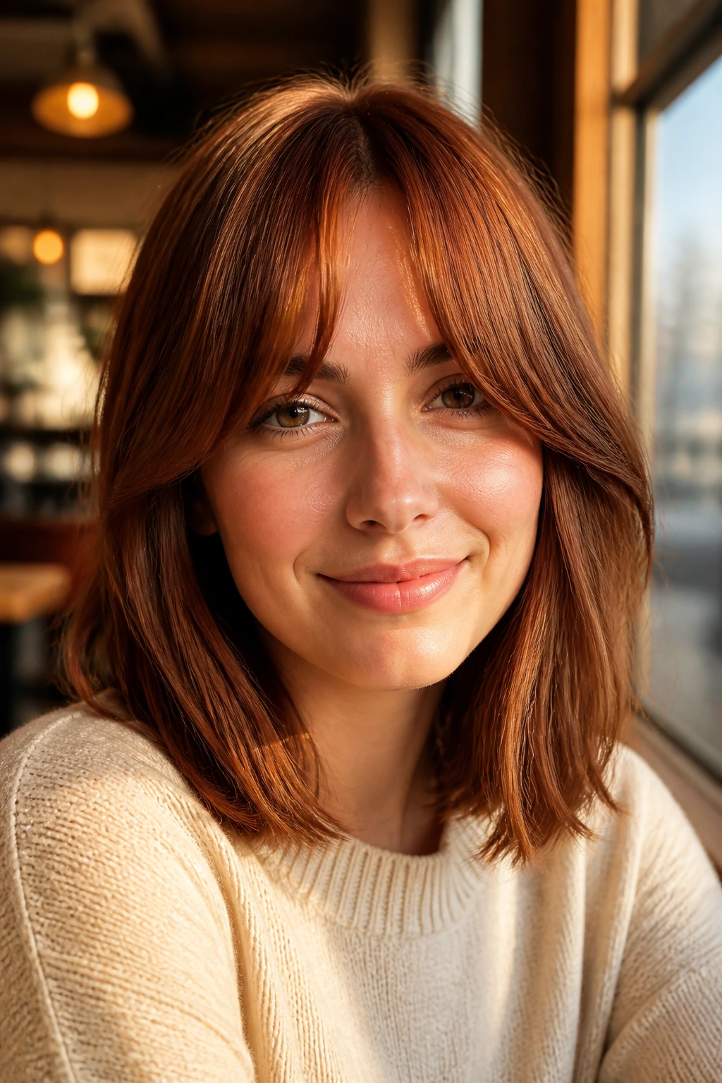 Close-up of real woman with copper brown lob and curtain bangs