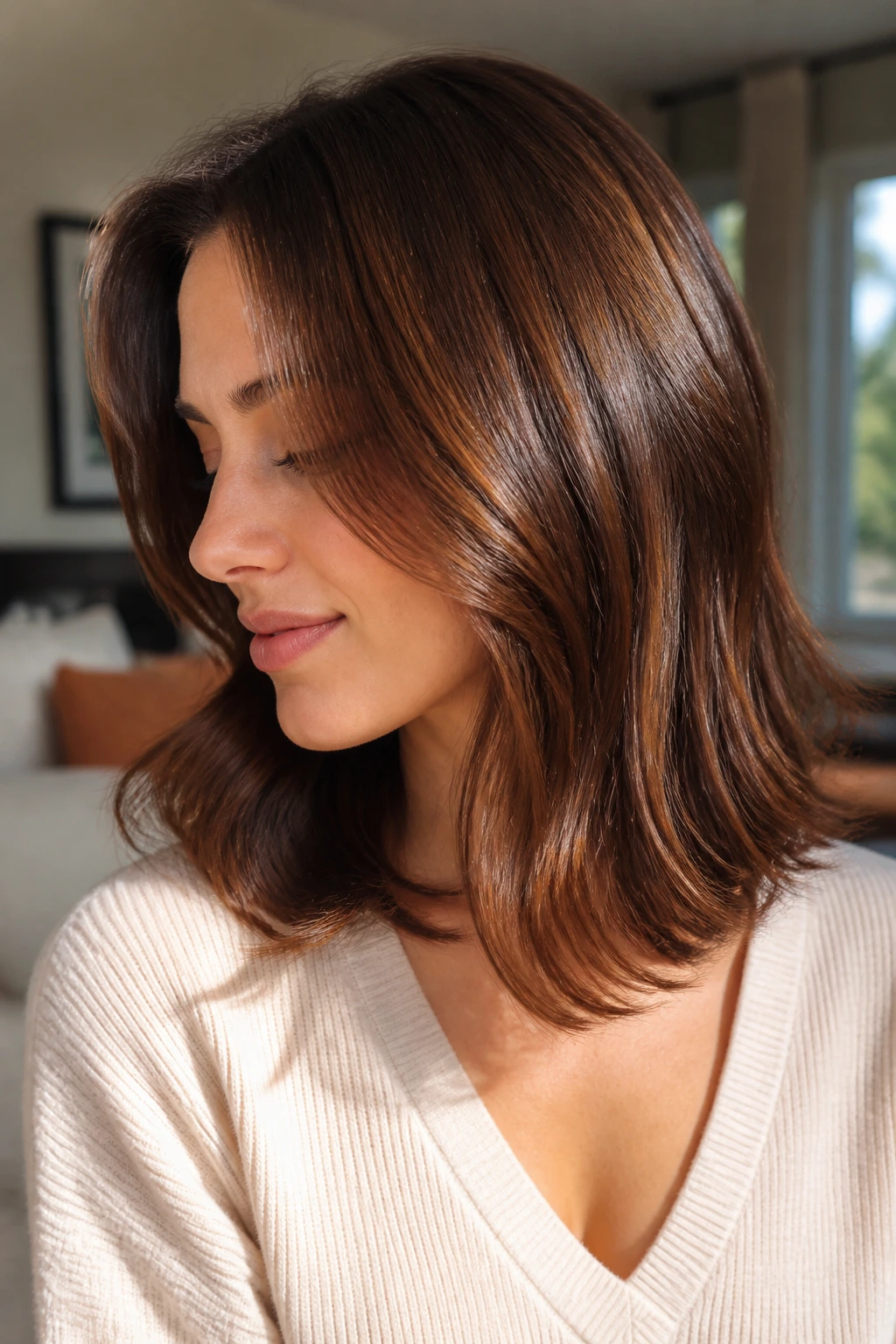 Close-up of a real woman with copper-brown sheen hair on shoulder-length style.