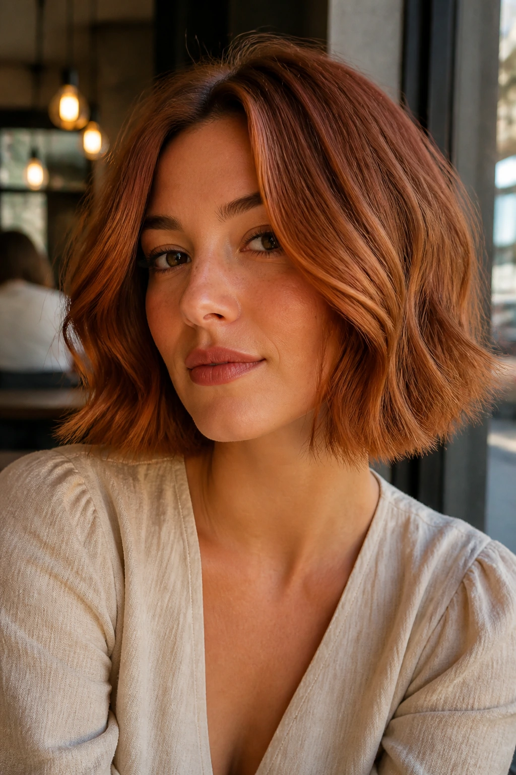 Close-up of a real woman with copper-brown textured bob in warm light.