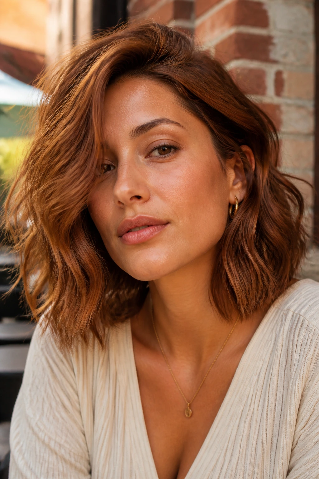 Real woman with copper-brown wavy bob in golden hour light