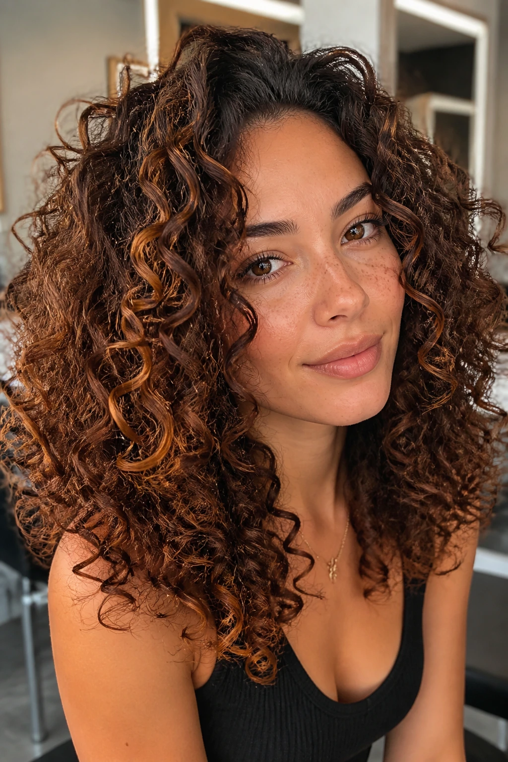 Close-up of a real person with thick curls in copper-kissed brunette tones