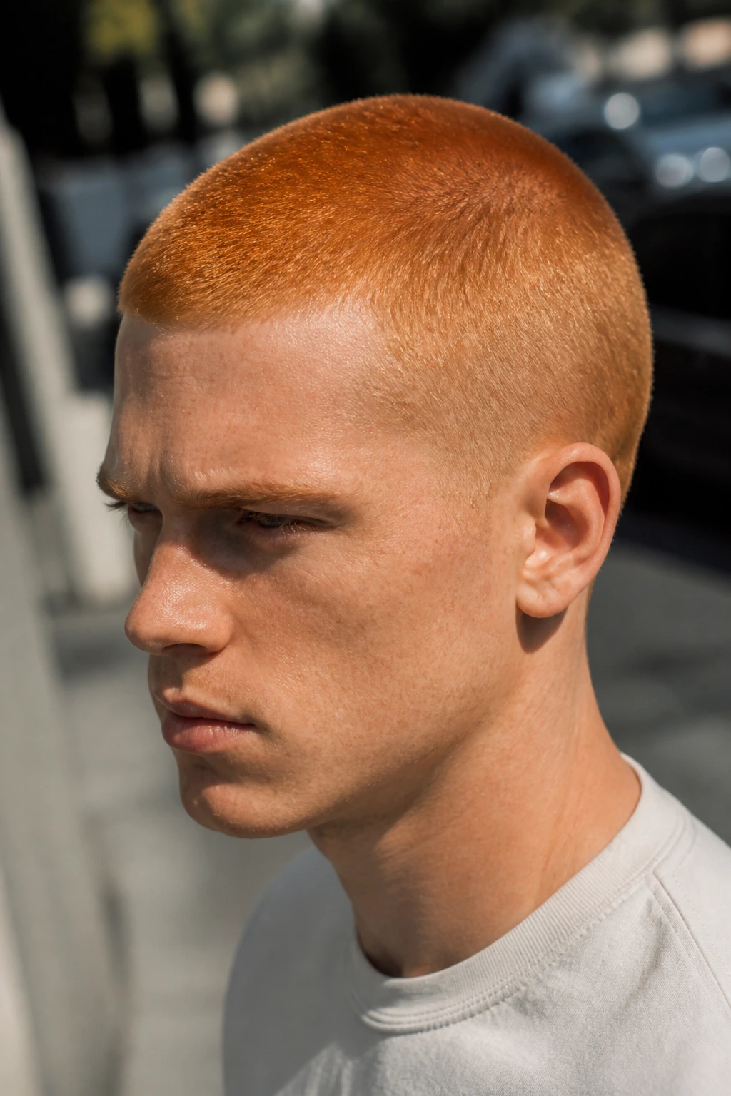 Close-up of man with copper buzz cut in urban daylight