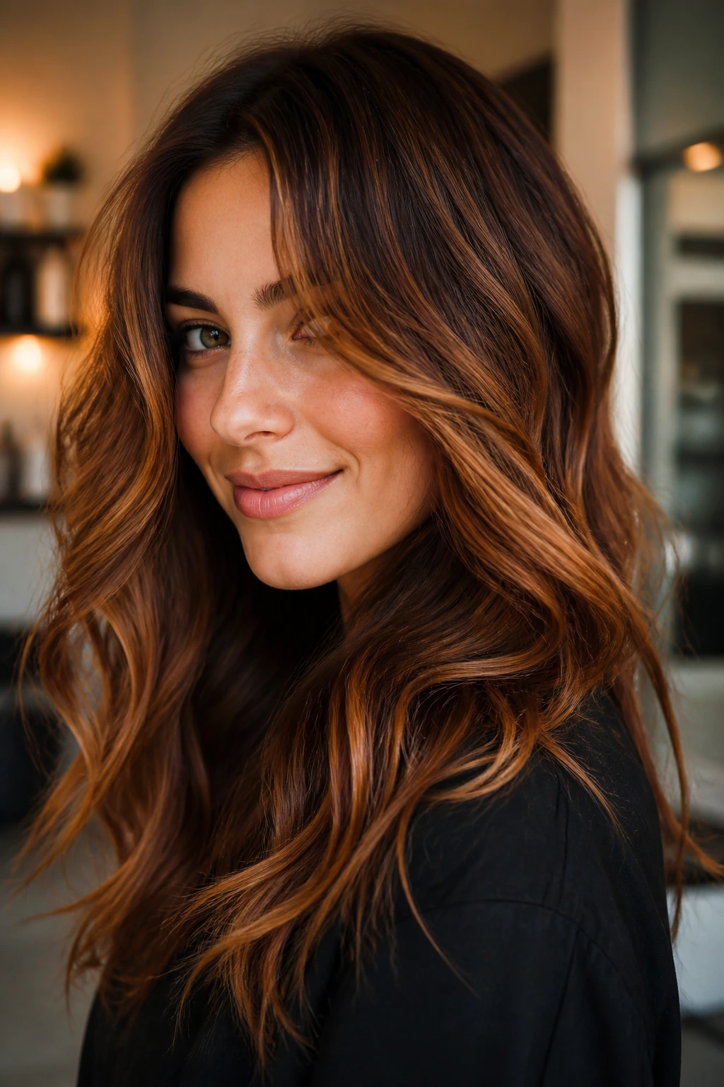 Close-up of medium brown hair with copper caramel highlights under warm indoor light