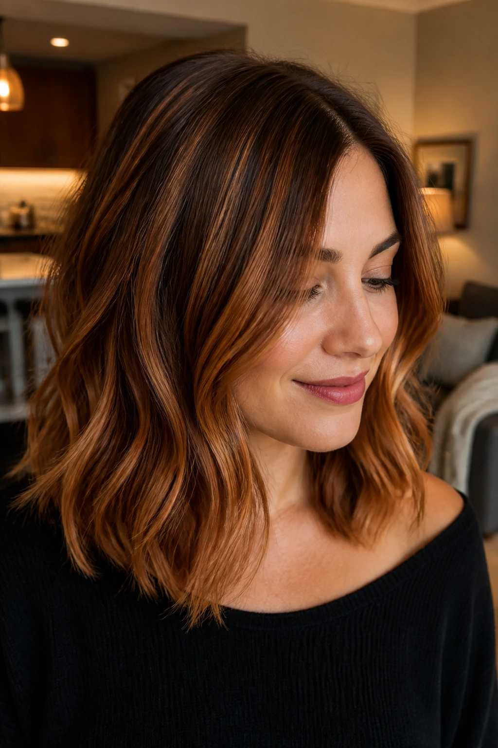 Close-up portrait of a real person showing copper caramel ribbon highlights