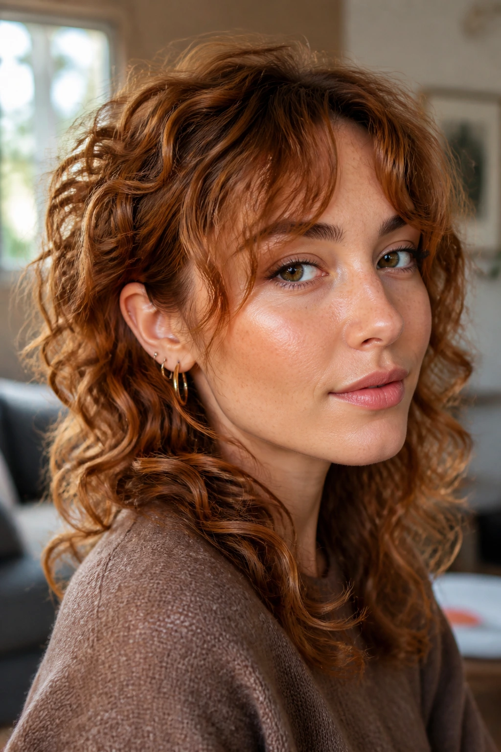 Close-up of a real woman with copper-caramel curly shag and grown-out fringe, face-framing layers