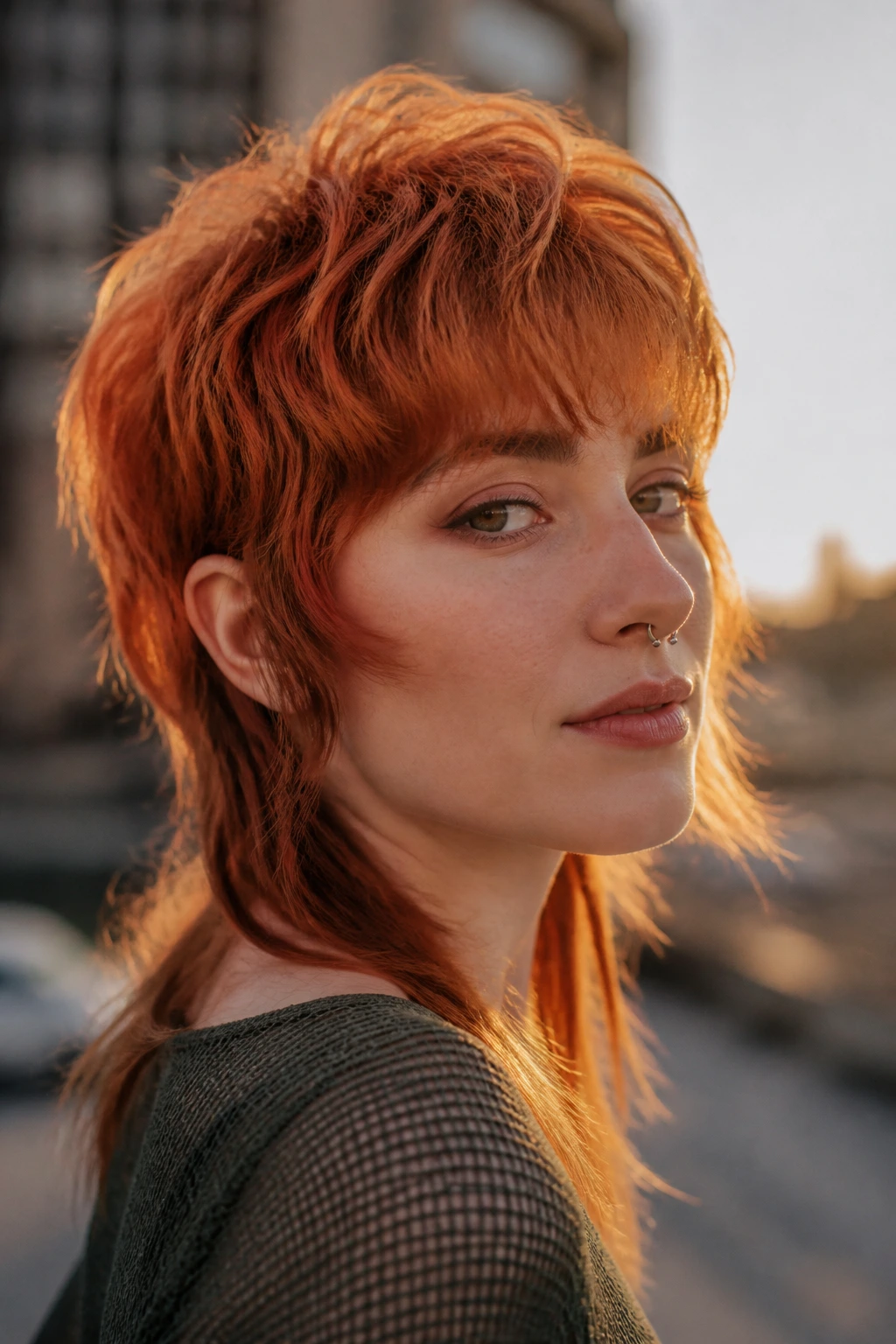 Close-up portrait of a real woman with copper choppy mullet in golden hour light