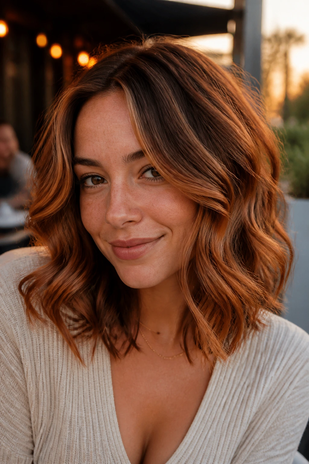 Real woman with copper cinnamon balayage on shoulder-length hair.