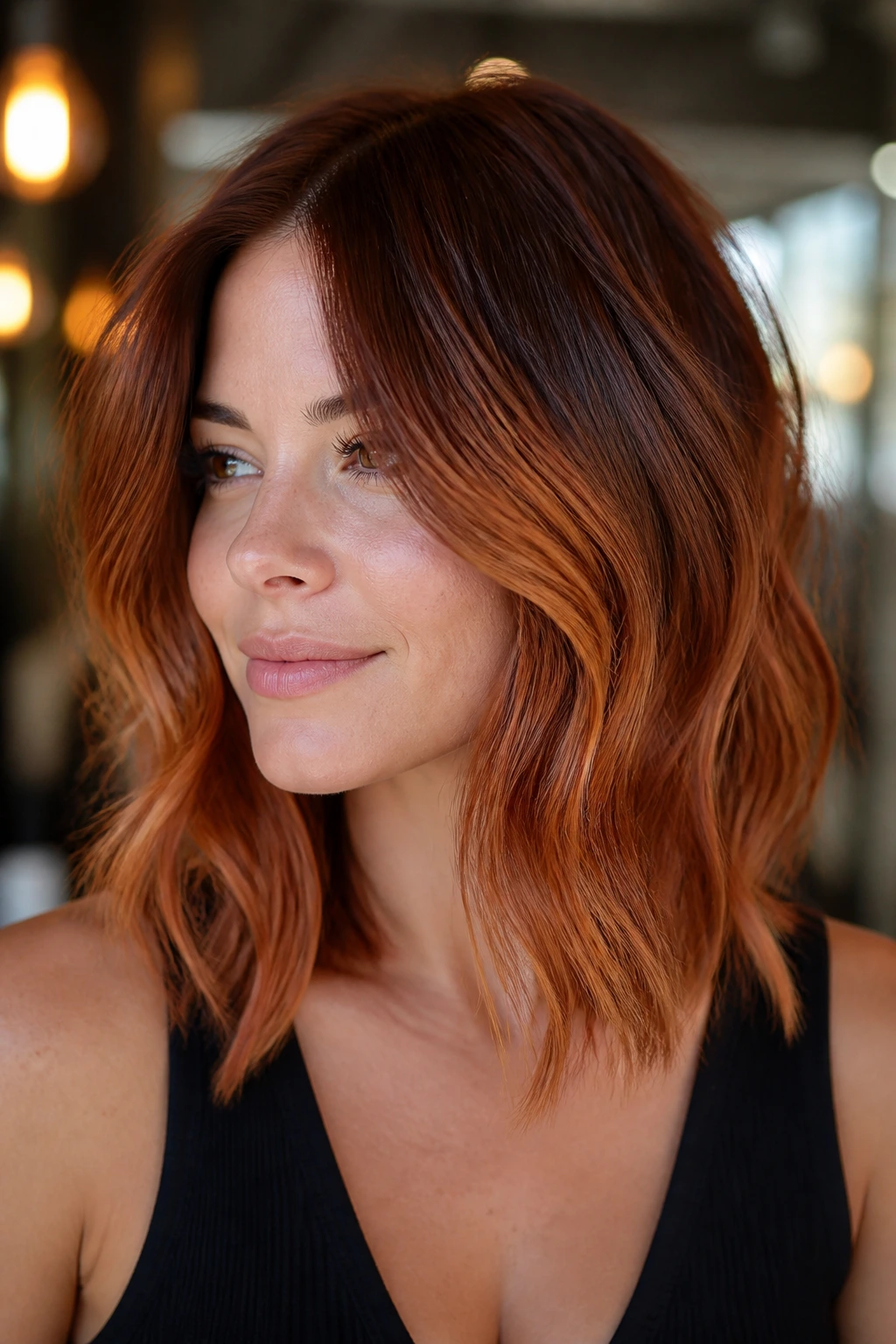 Real woman with copper cinnamon balayage on shoulder-length hair under warm light