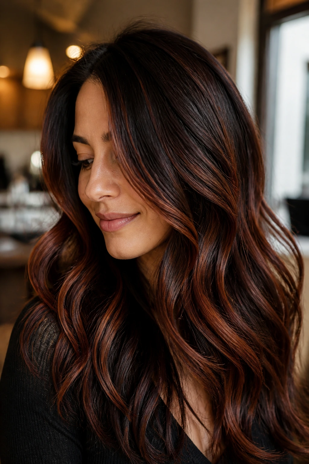 Close-up of dark hair with copper and cinnamon highlights in warm light
