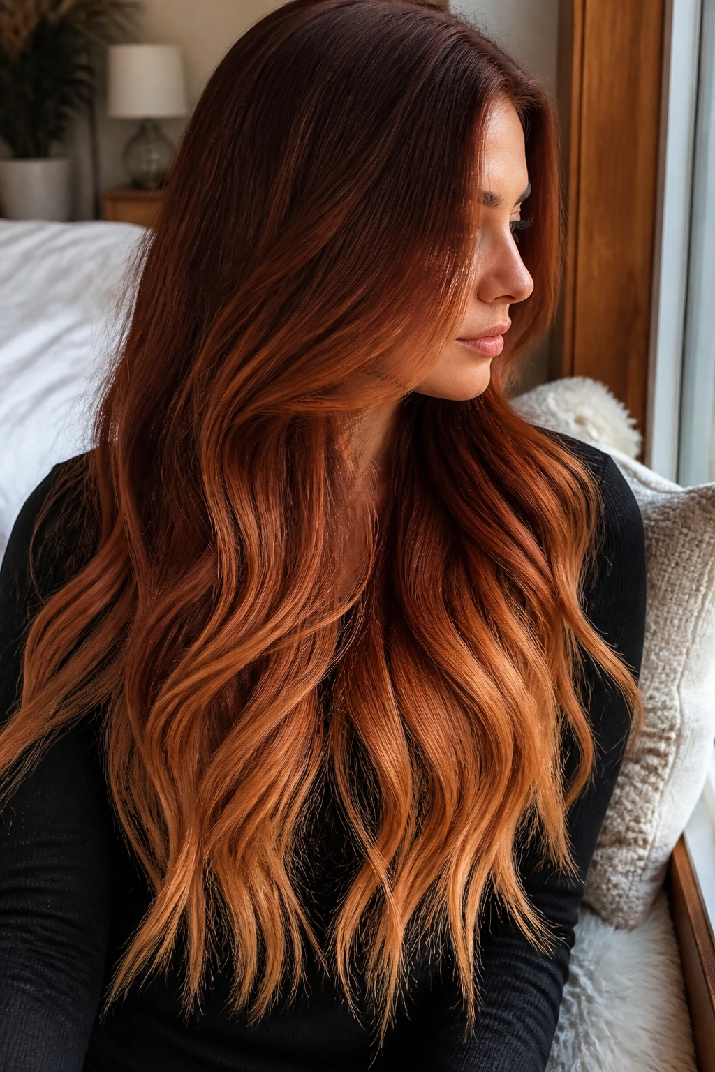 Close-up of a real woman's long hair with a copper-to-cinnamon root-to-end gradient in warm light