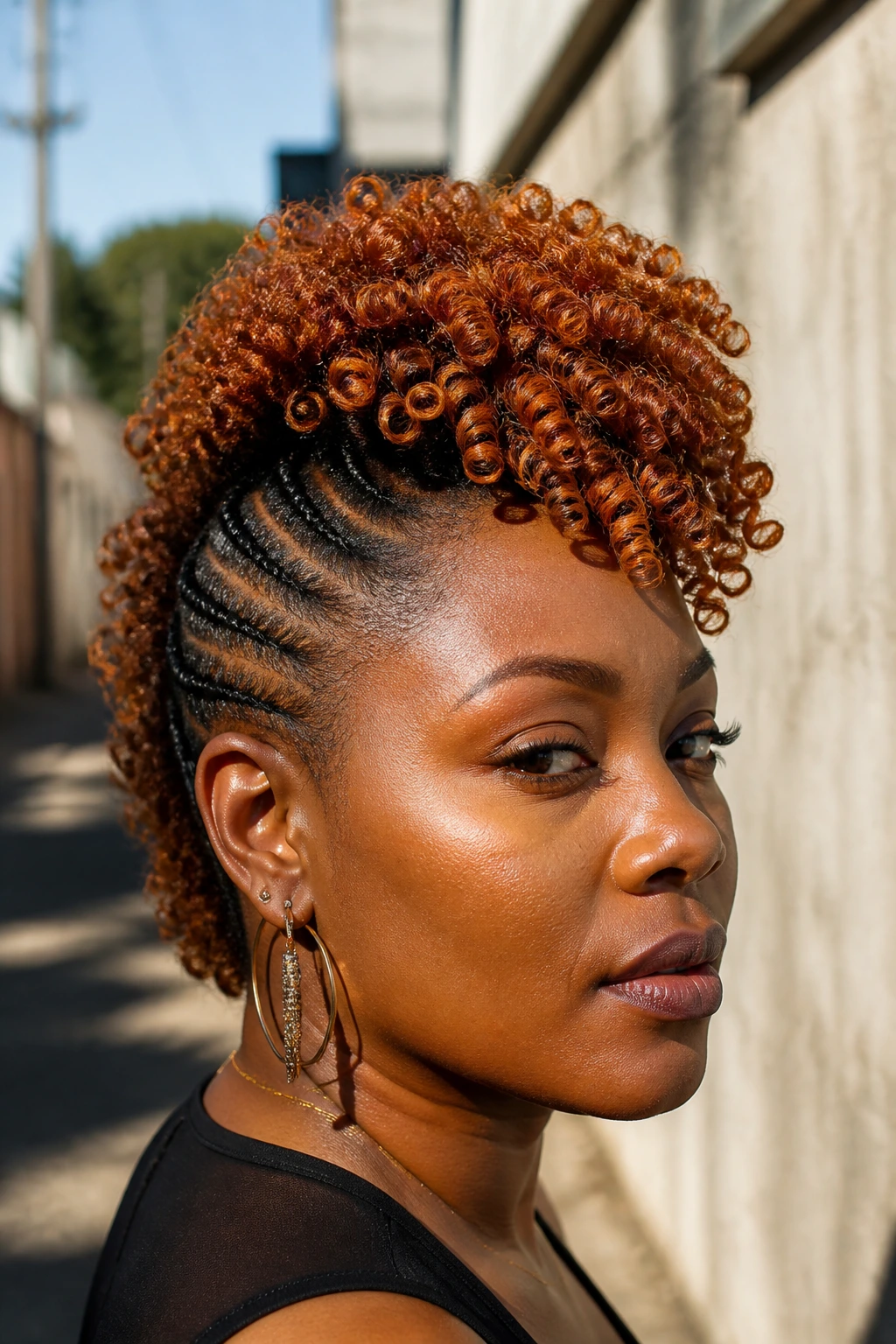 Close-up of a real person with a copper-toned coil mohawk showing warm color and coil texture along the ridge.