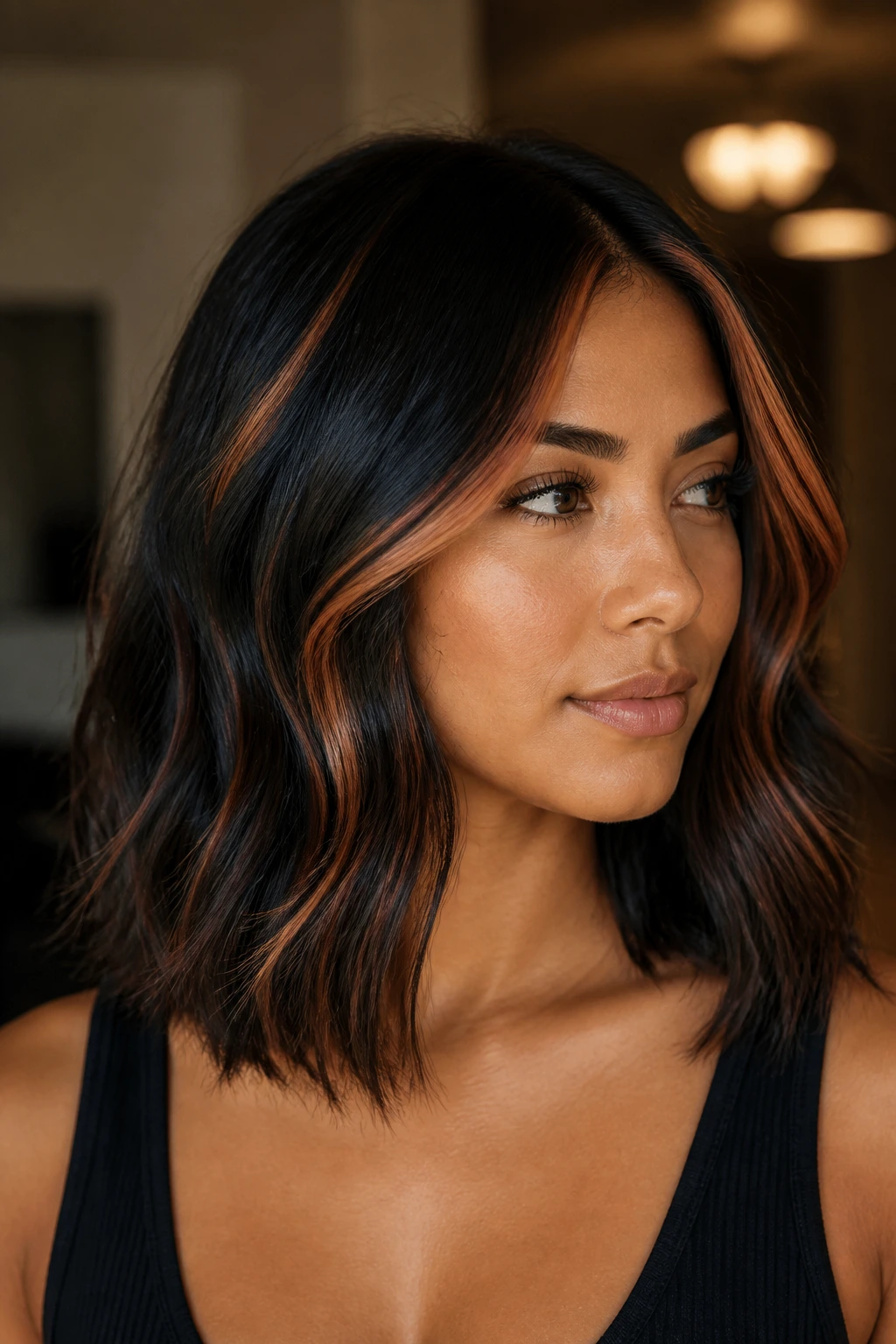 Close-up of a real woman with shoulder-length hair featuring copper contour highlights around the face