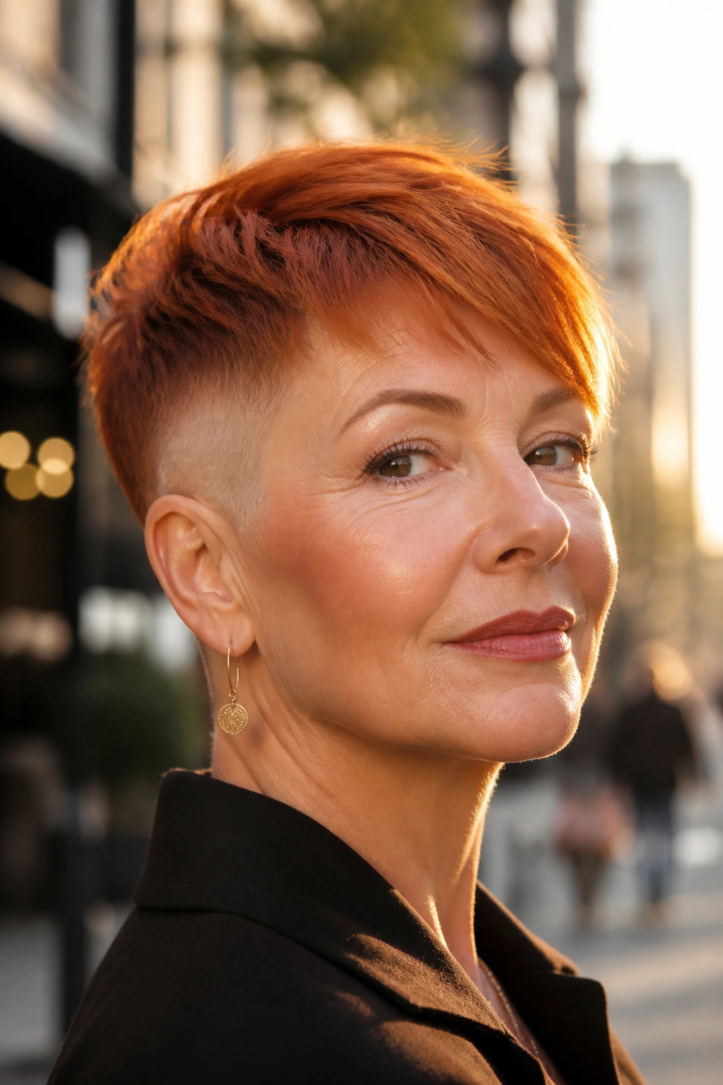 Close-up of a real woman with copper crop, swept fringe and a soft fade