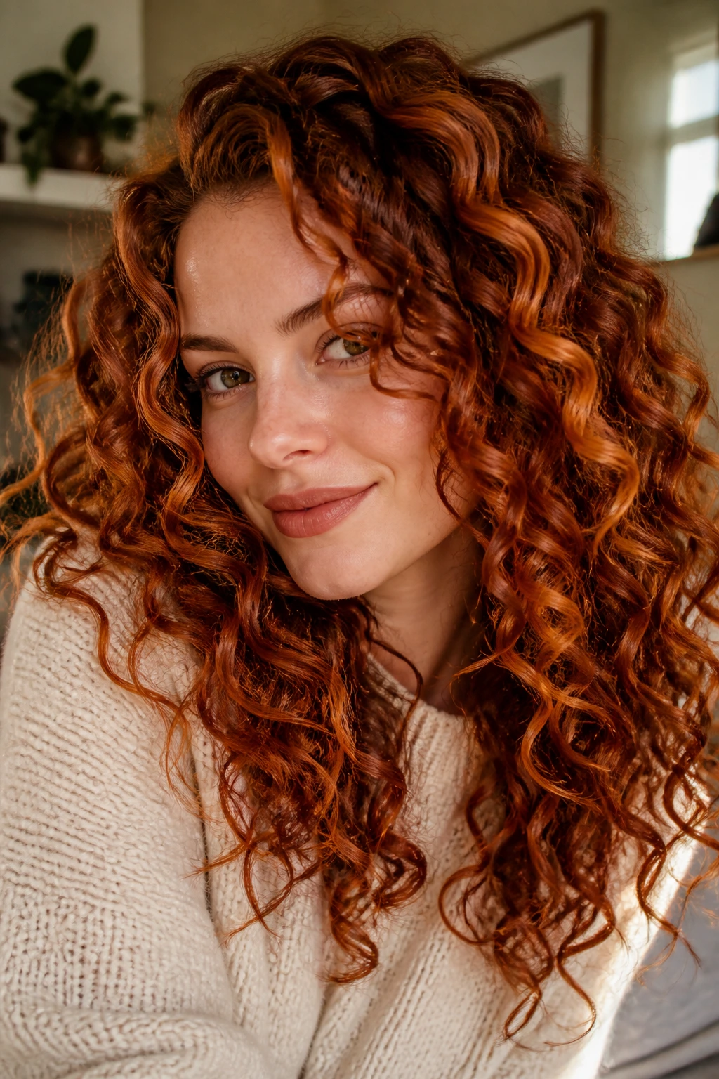 Close-up of copper-toned curls on a real person with ringlets under warm window light