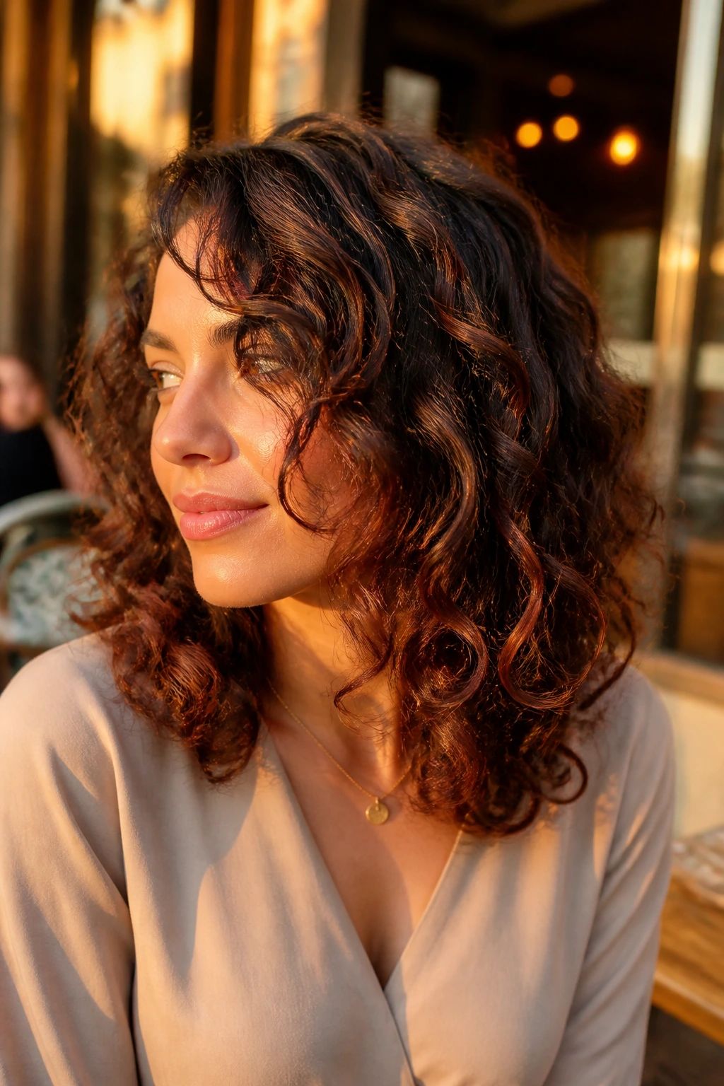 Close-up of dark brown curls with copper veils around the face