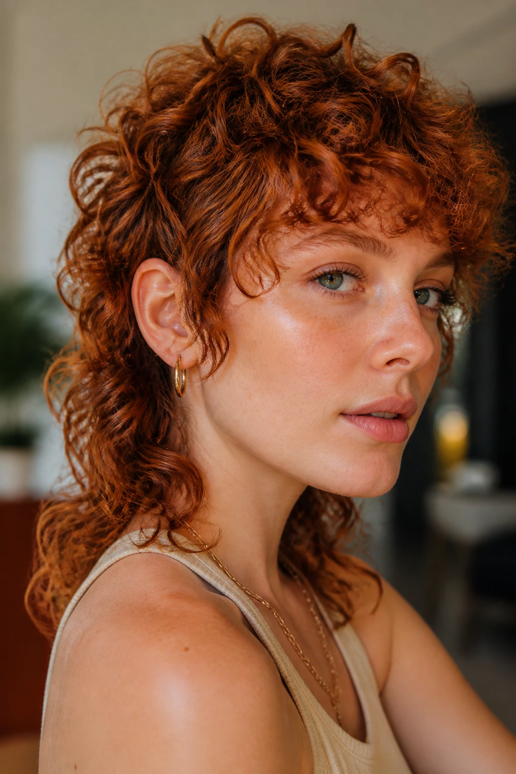 Close-up of real person with copper-lit curly mullet under warm indoor light