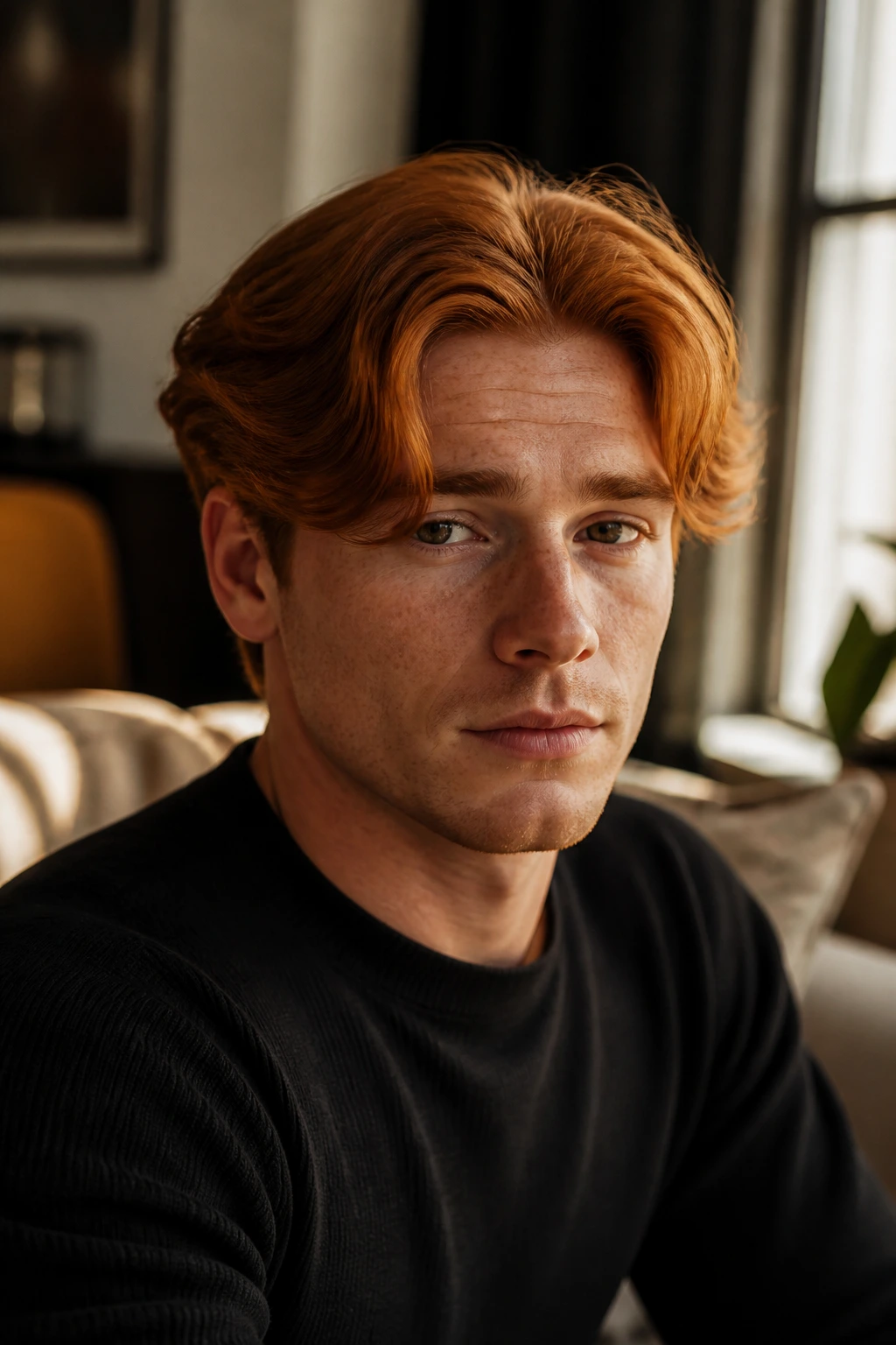 Medium close-up of man with copper curtain hair parted in the middle