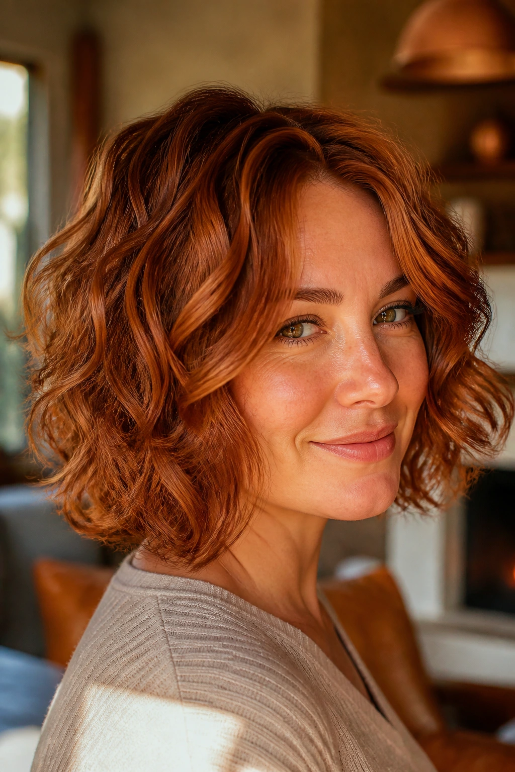 Portrait of a woman with copper dimension bob and warm copper highlights.