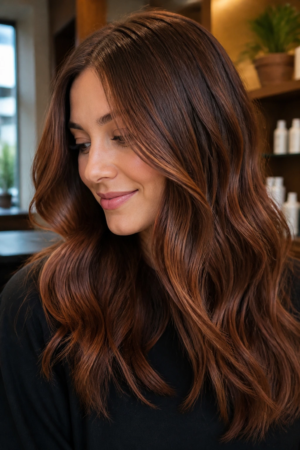 Close-up of a real person with copper drizzle chestnut hair in warm salon light.