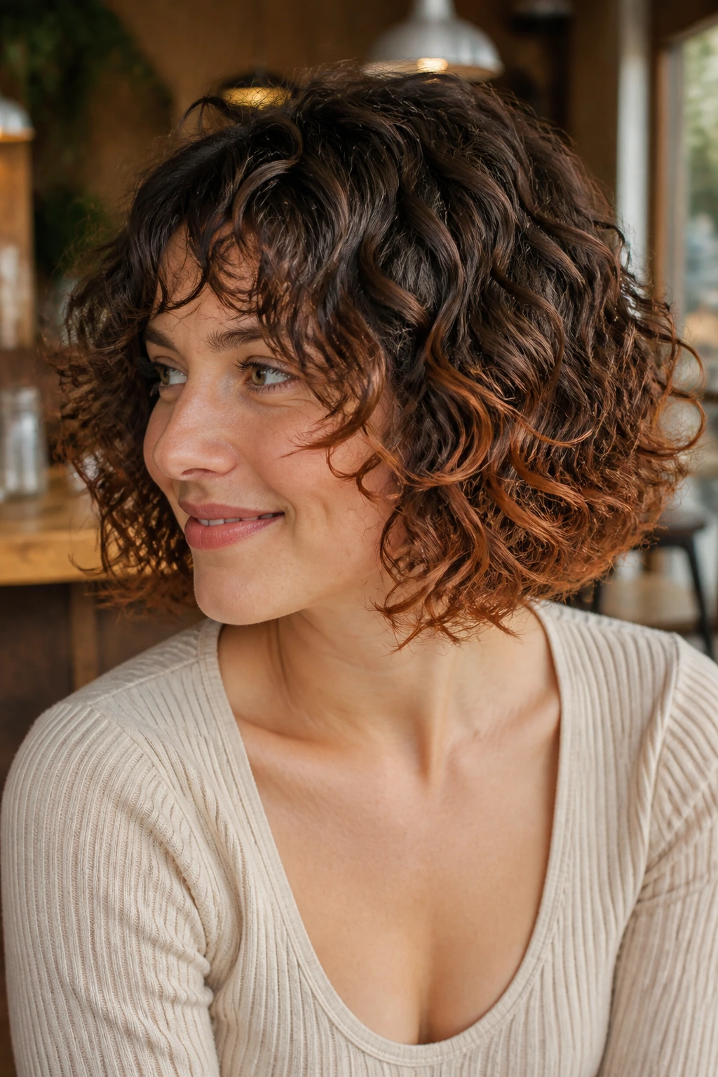 Real woman with curly bob and copper ends close-up