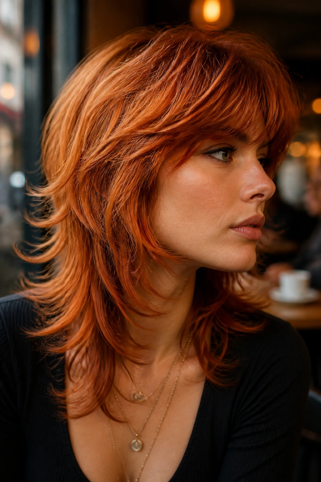 Real woman with copper feather flip hairstyle in warm light