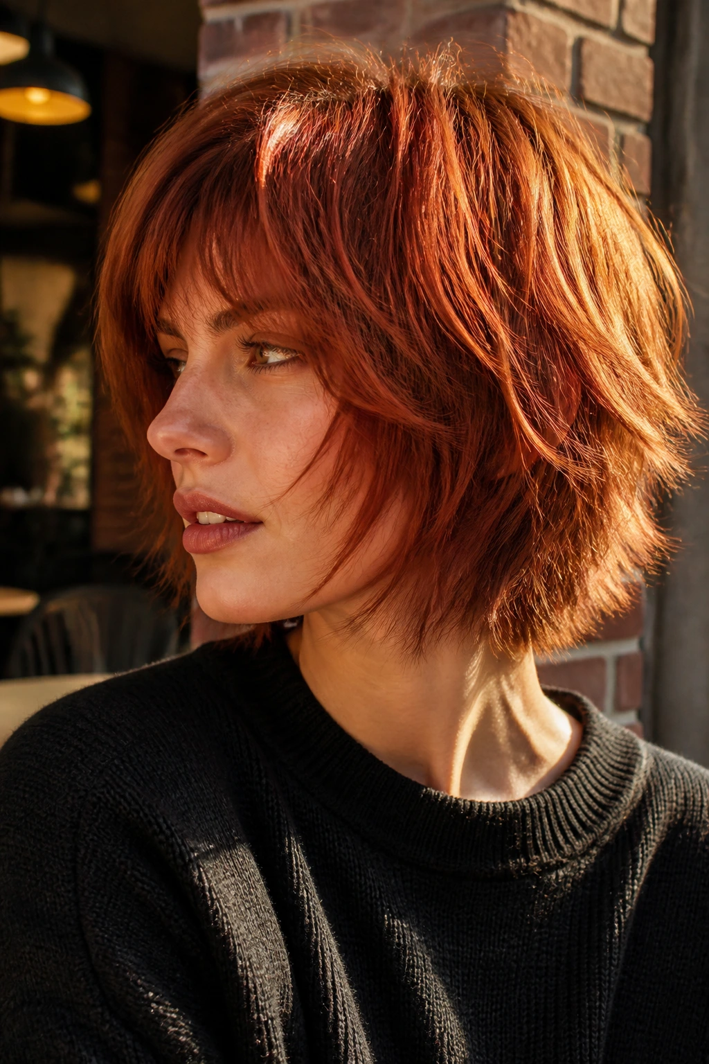 Close-up of a real person with copper flame wolf bob catching warm light