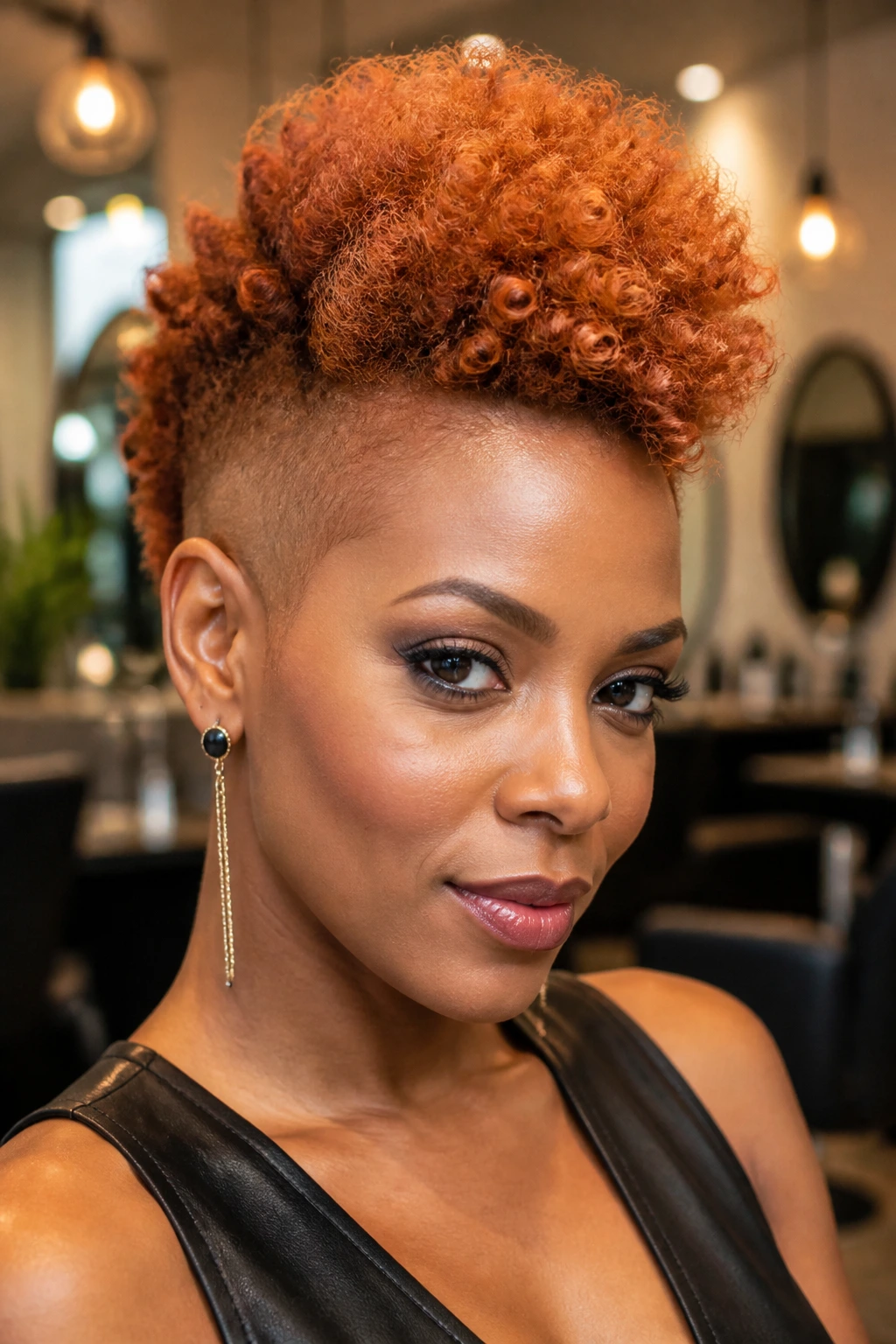 Close-up of a real person with copper fro-hawk hairstyle