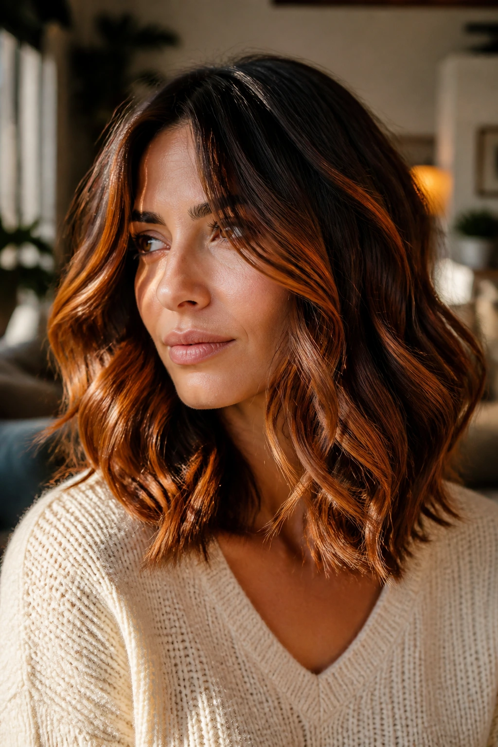 Close-up of a real woman with copper glaze highlights on medium brunette hair catching side light