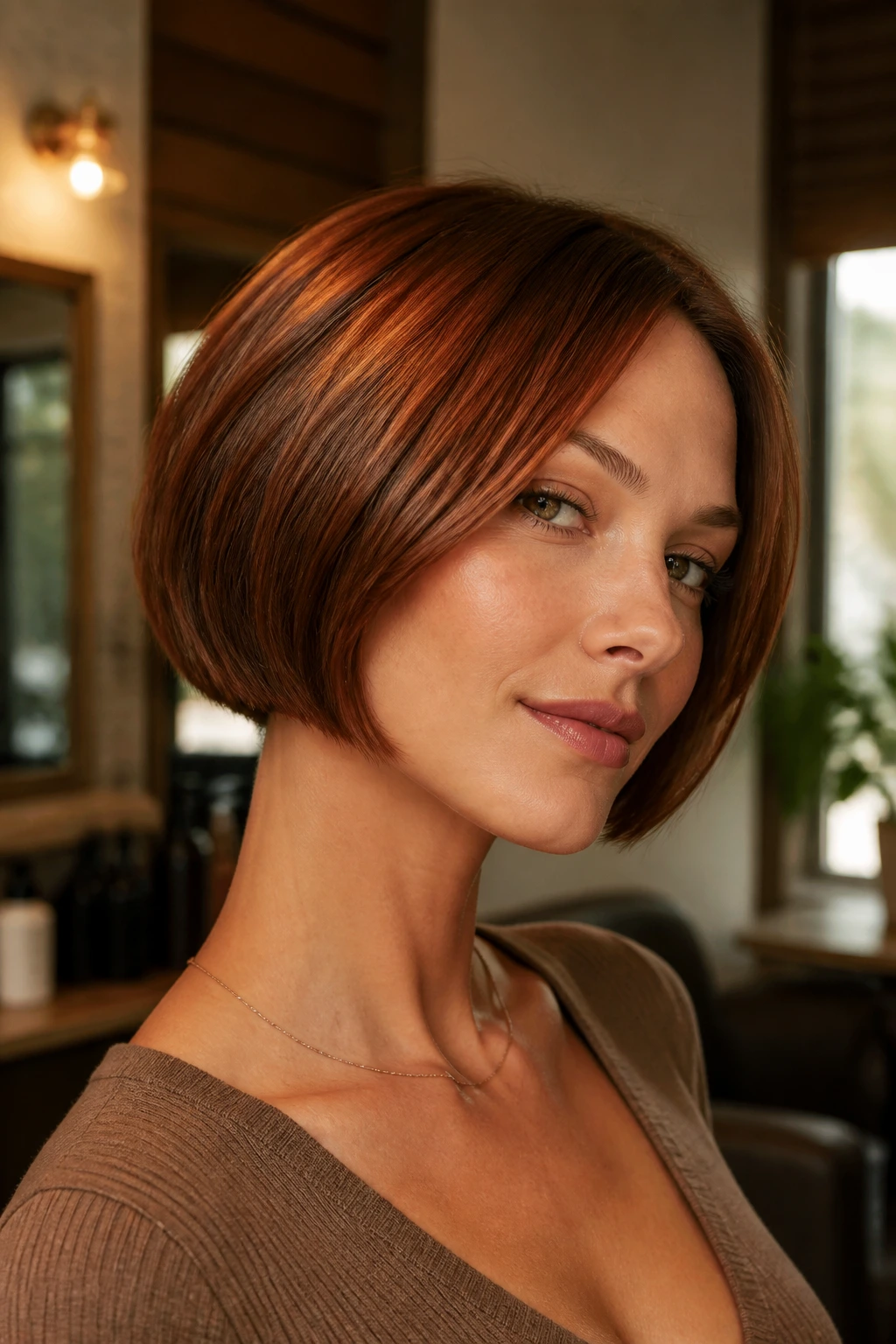 Close-up portrait of a woman with a copper-glazed micro bob, glossy brunette hair filling the frame.