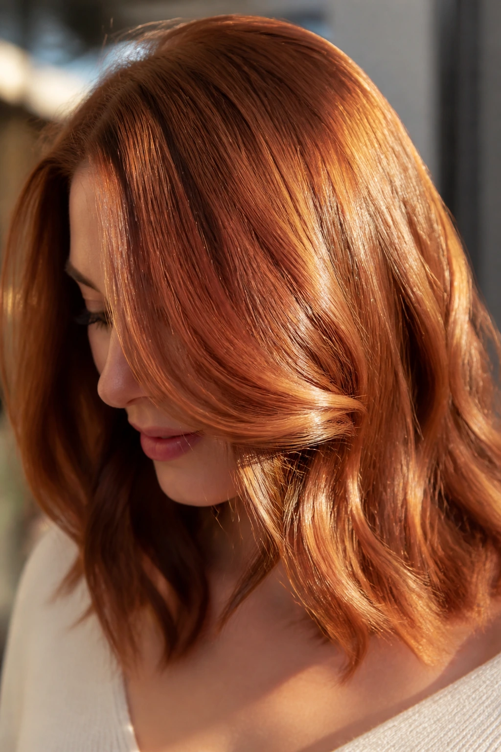 Close-up of copper hair with glossy shine in sunlight.