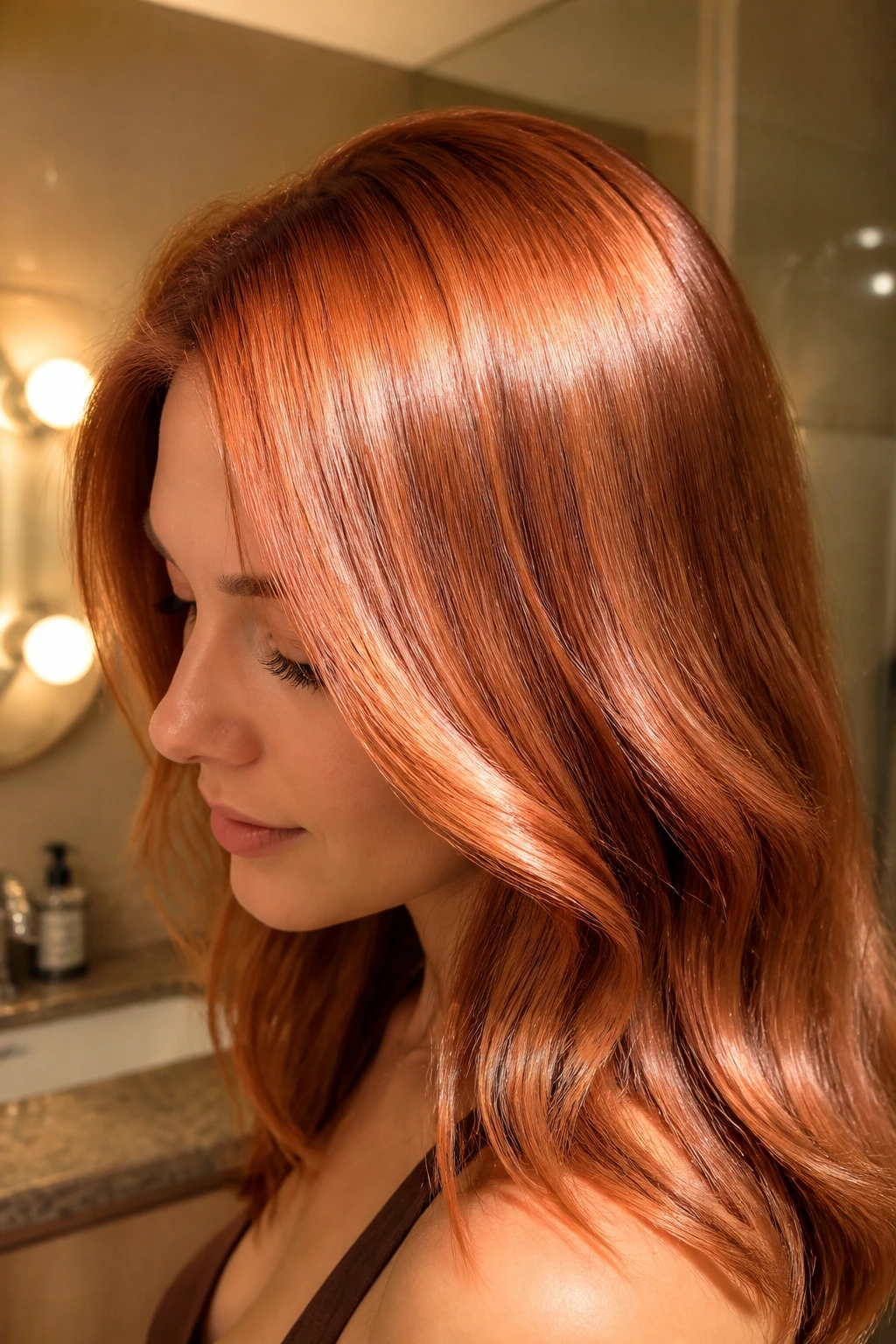 Close-up of a real person's hair with metallic copper gloss shine.