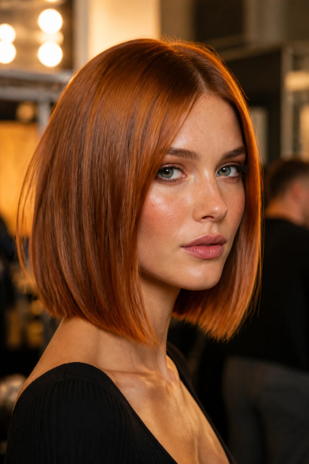 Close-up of a real woman with copper gloss lob under warm backstage lighting