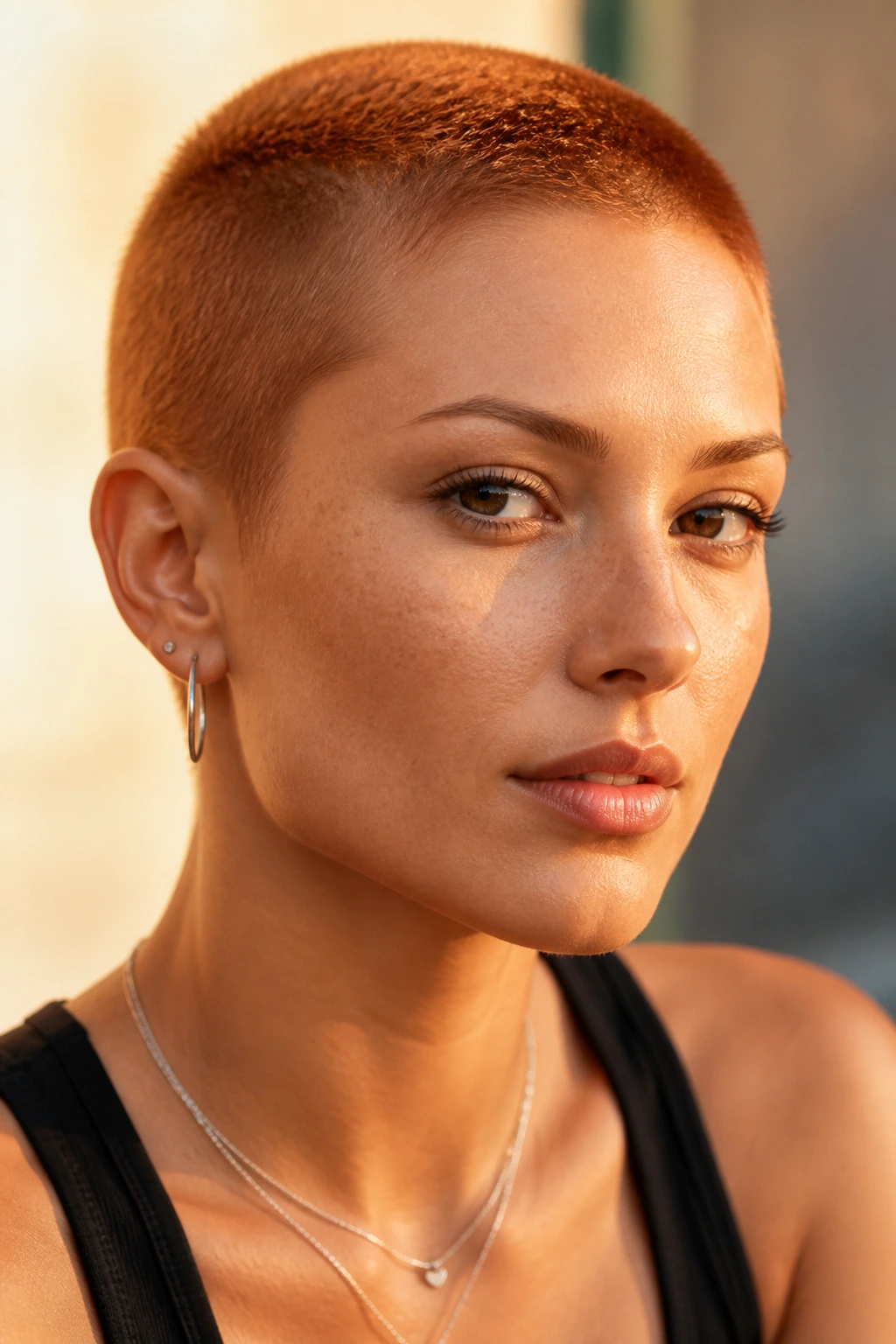 Close-up of a woman with a copper-toned buzz cut under warm sunlight.