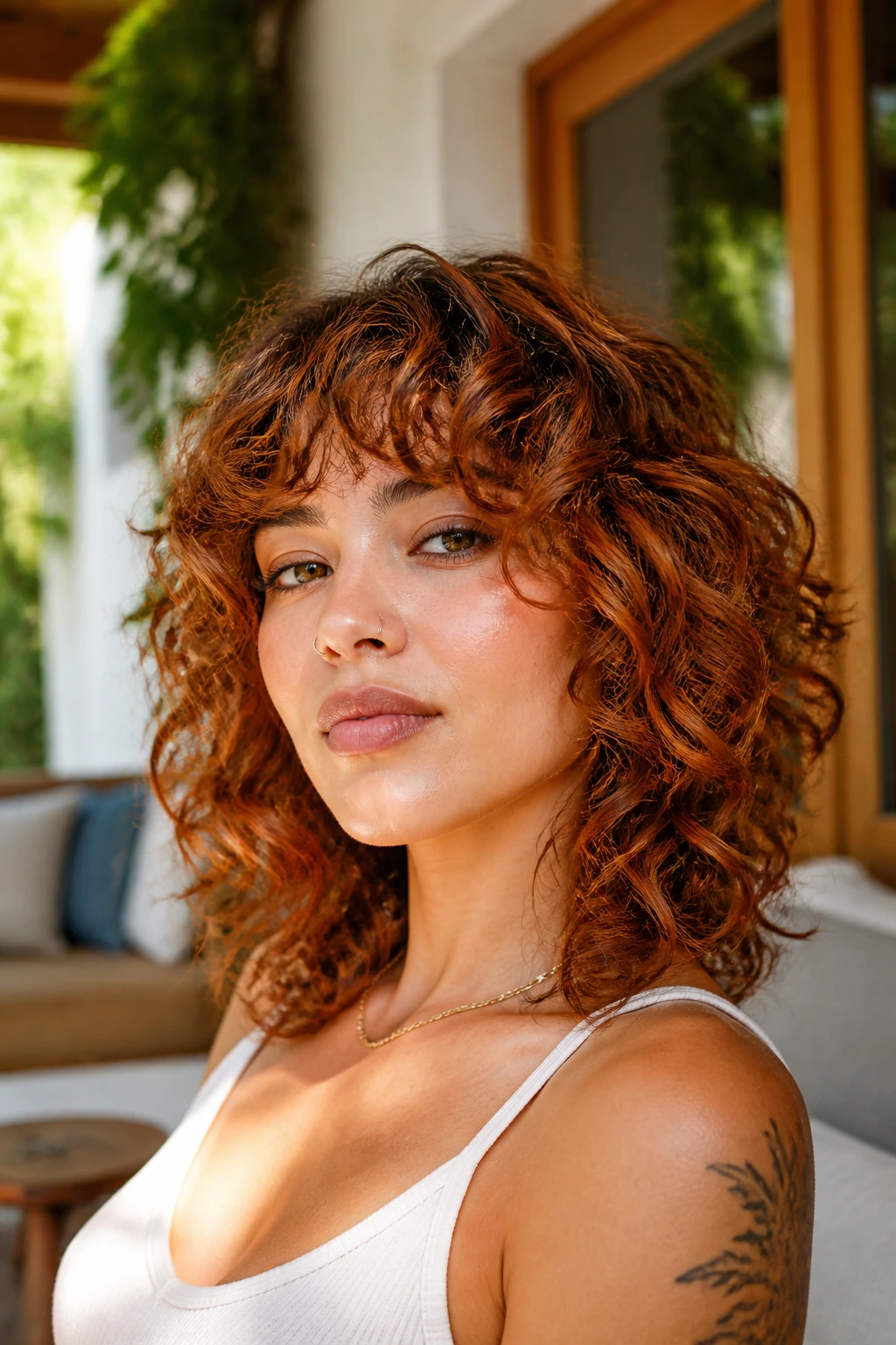 Close-up portrait of a real woman with copper-toned shoulder-length curls