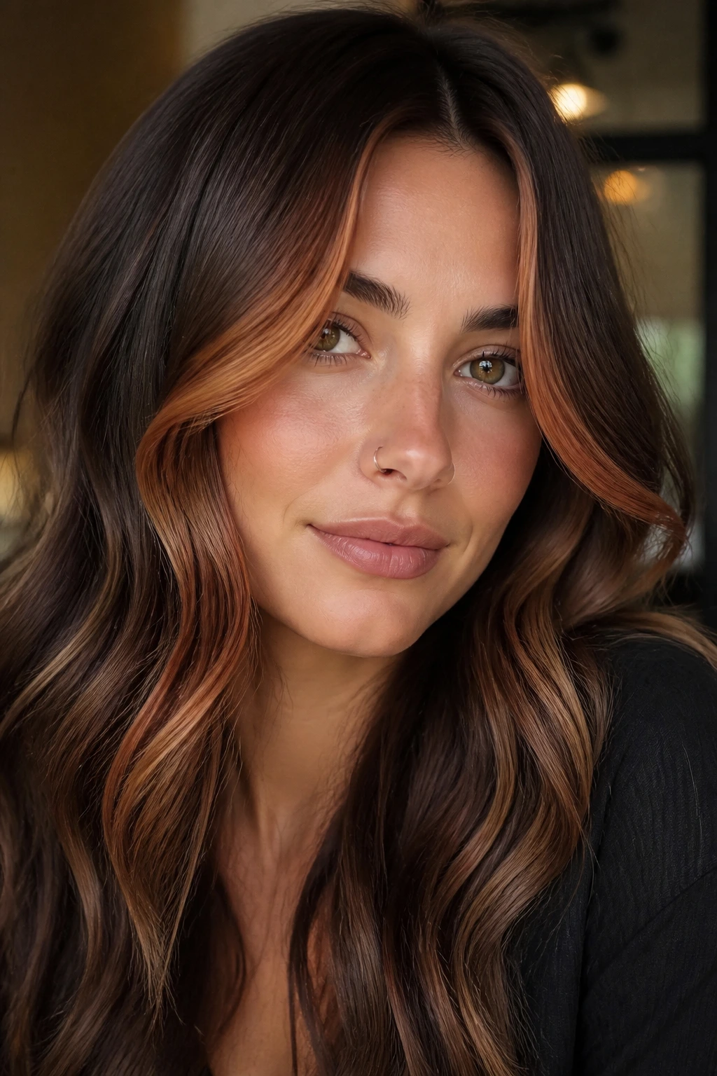 Close-up of copper glow money piece on chestnut brunette front hair