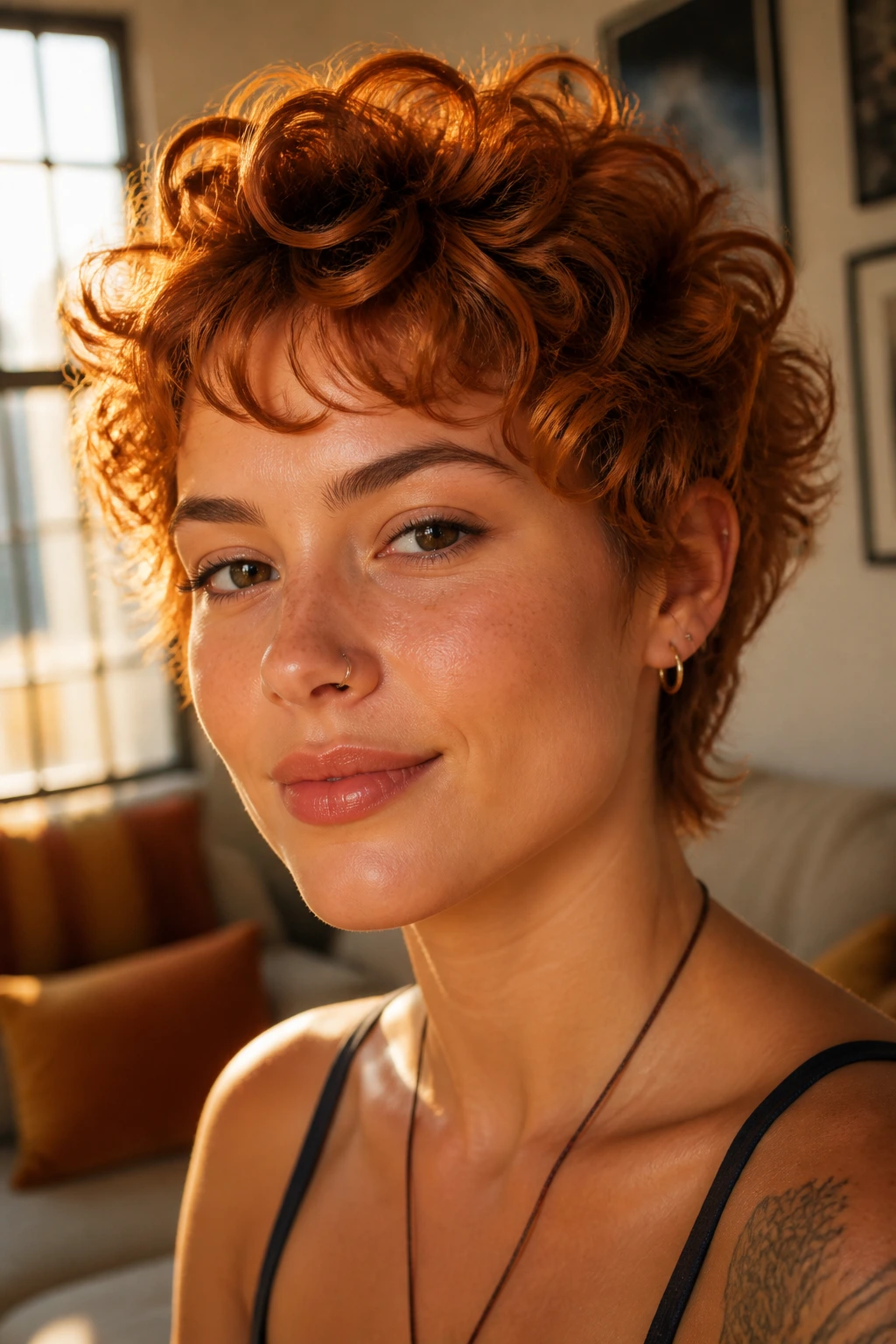 Close-up portrait of a real woman with copper glow pixie wolf hairstyle in warm window light.