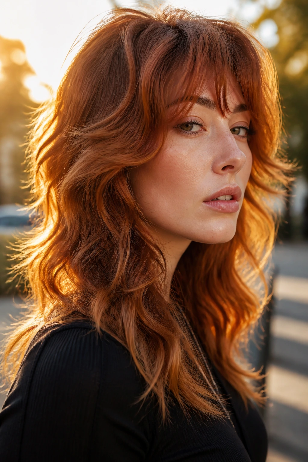 Real person with copper-glow wolf cut during golden hour