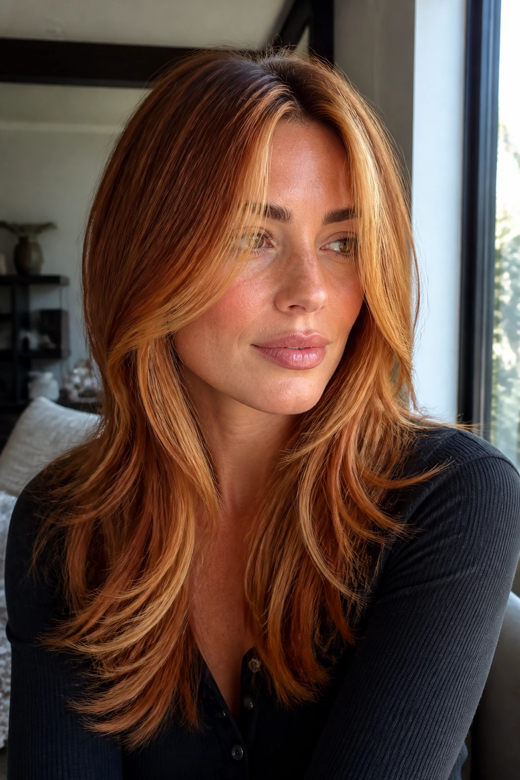 Close-up of a real person with copper-gold face-framing layers in natural window light