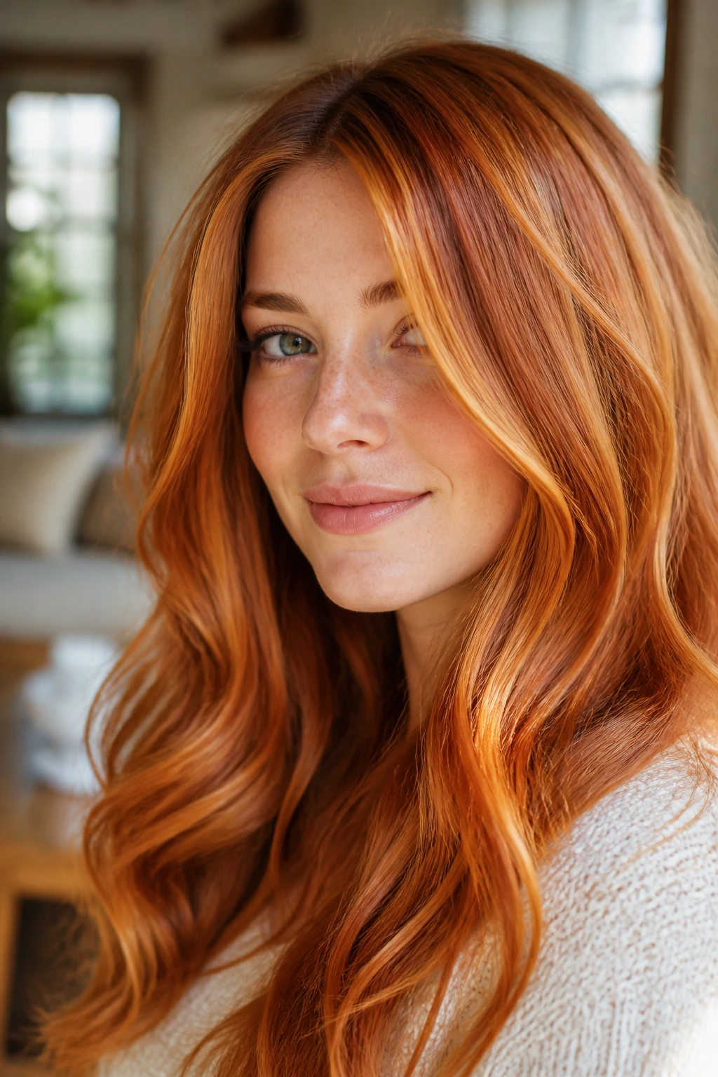 Close-up portrait of a real person with copper shades and warm highlights under natural window light.