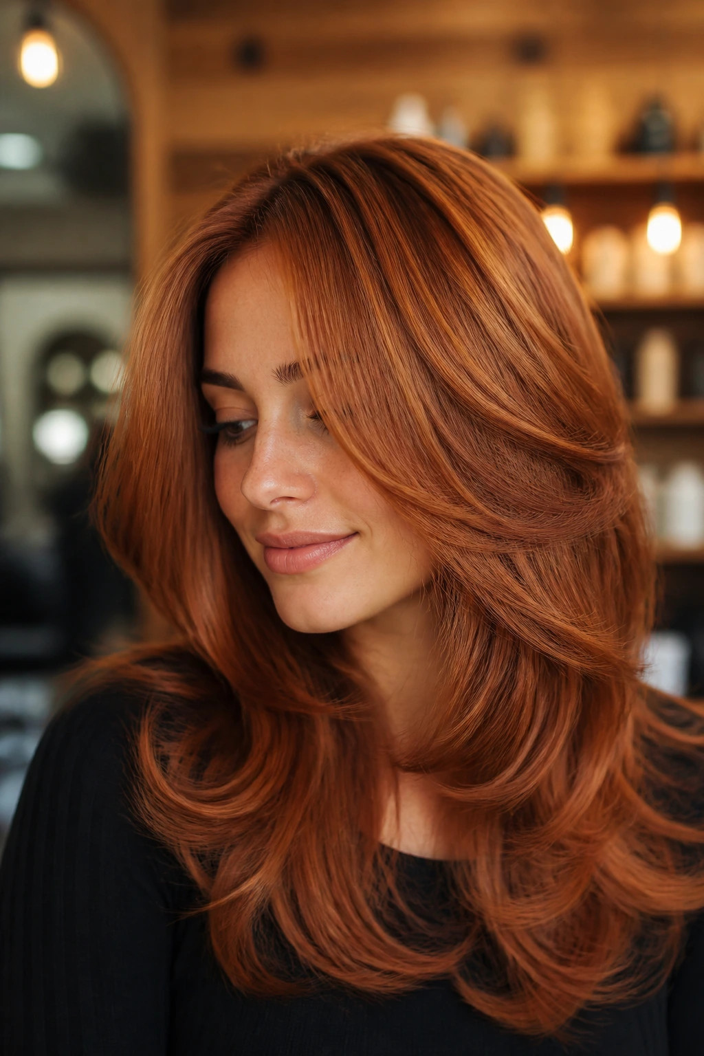 Close-up of a real woman with copper butterfly cut and warm dimension
