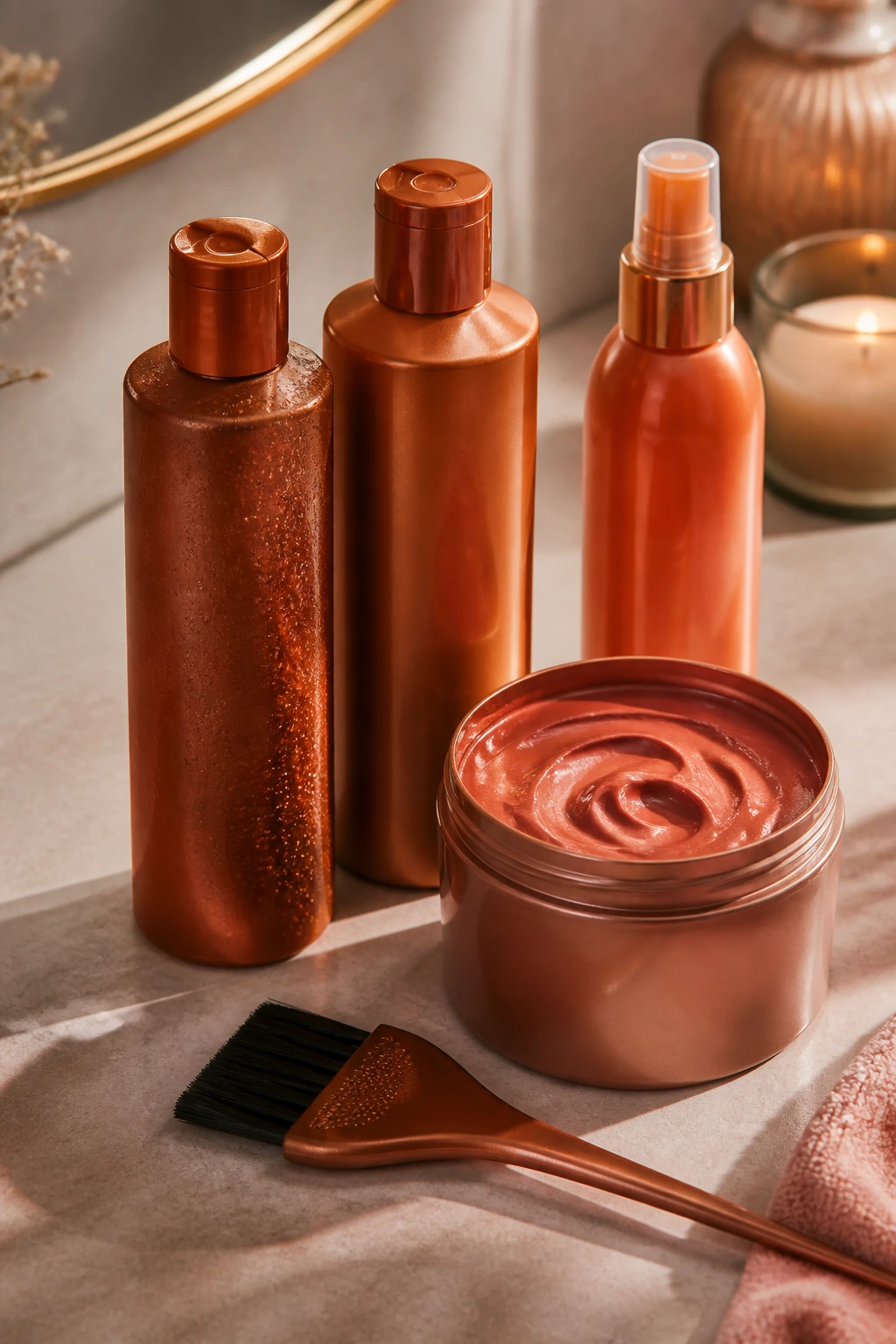 Still-life of unlabeled copper hair care products on a countertop