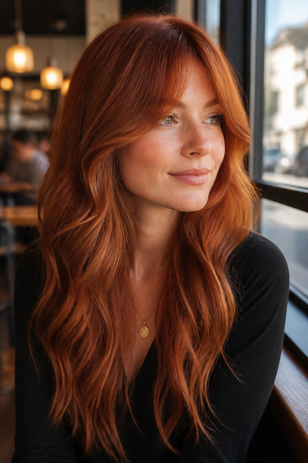 Close-up of a person with cider copper hair and curtain bangs