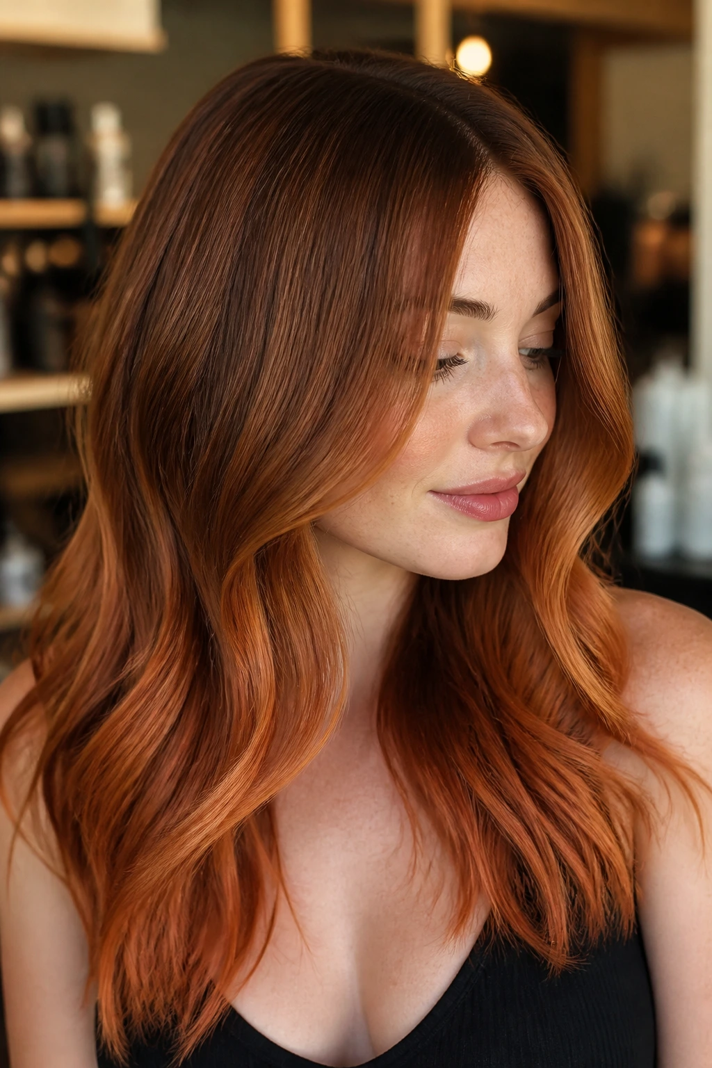 Close-up portrait of a real person with copper-toned hair showing dimensional color from roots to ends.